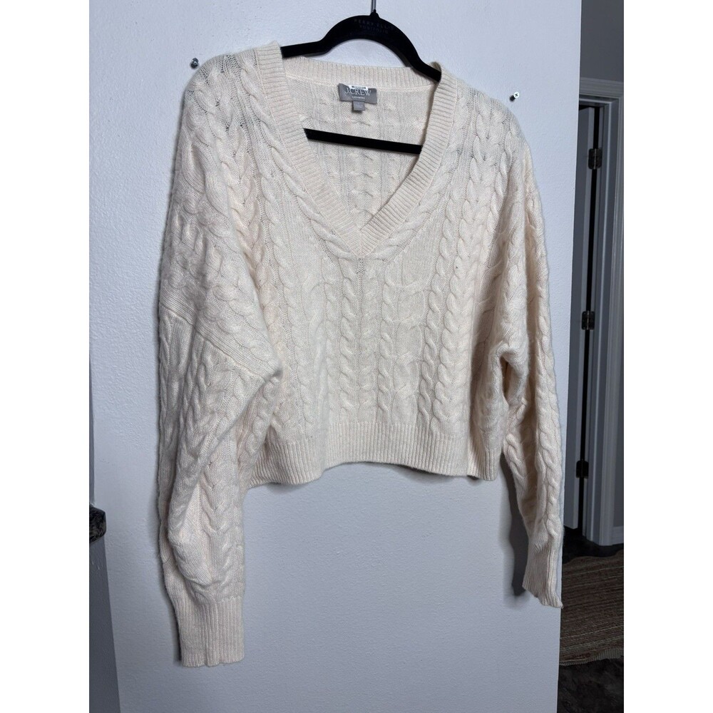 J.Crew Sweater Womens Lrg Ivory 100% Cashmere Cable Knit V Neck Cropped